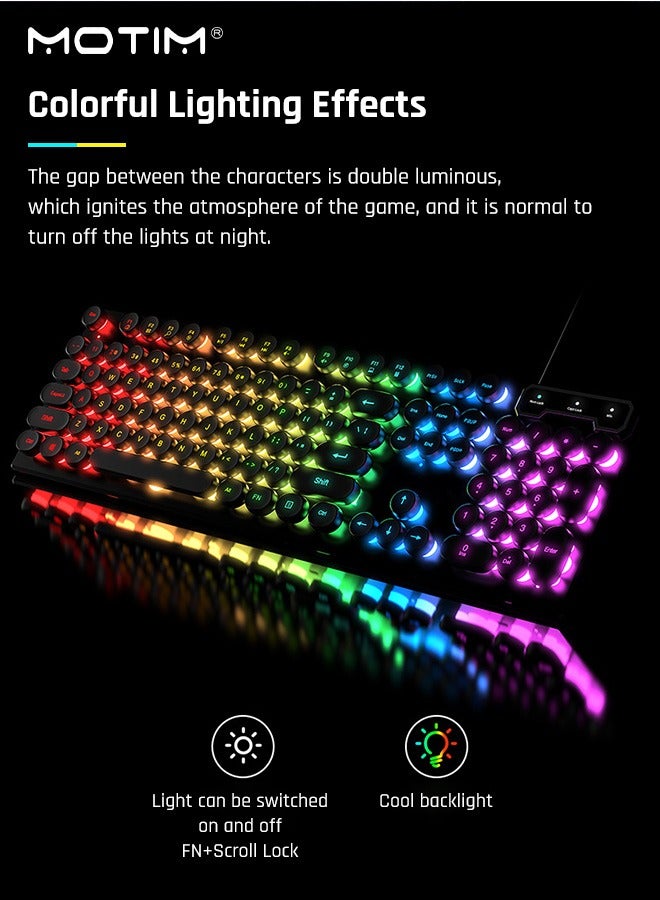 104-Key Mechanical Gaming Keyboard RGB Backlit Wired with Blue Switch Retro Round Keycap, Writertype Keyboard-104keys with Gaming Mouse for Windows/MacOS/Android And PC Gamers