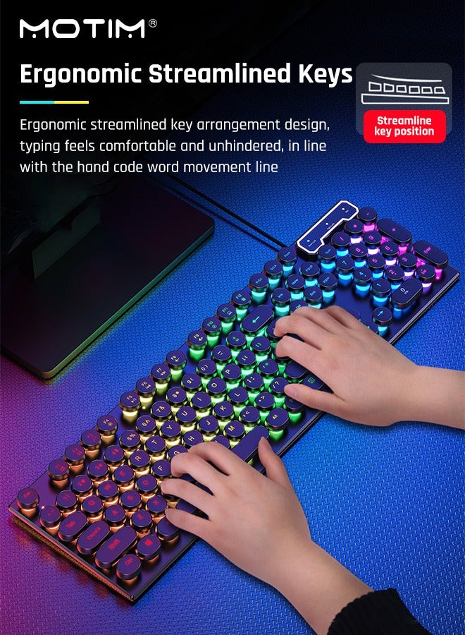 104-Key Mechanical Gaming Keyboard RGB Backlit Wired with Blue Switch Retro Round Keycap, Writertype Keyboard-104keys with Gaming Mouse for Windows/MacOS/Android And PC Gamers