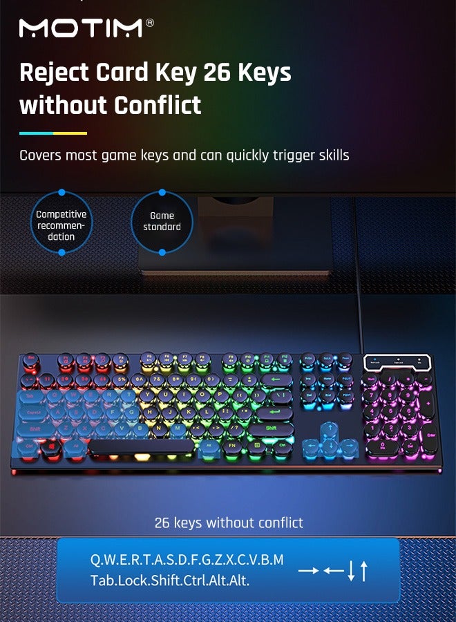 104-Key Mechanical Gaming Keyboard RGB Backlit Wired with Blue Switch Retro Round Keycap, Writertype Keyboard-104keys with Gaming Mouse for Windows/MacOS/Android And PC Gamers