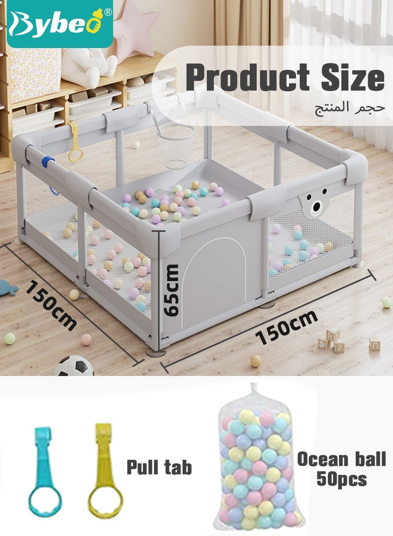 Baby Playpen Fence, Portable Babies Playards for Toddlers, Safety Infant Activity Center, Sturdy Play Area, with Storage Bag, 2 Pull Rings, Marine Balls and Basket, Perfect Child's Gift