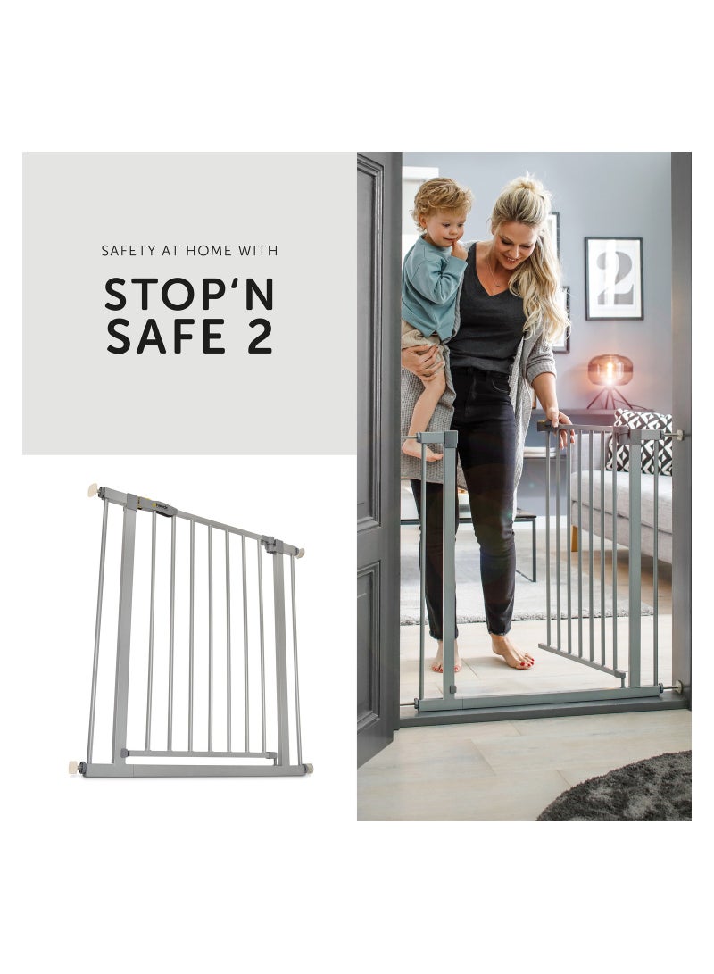 Safety Gate For Doors And Stairs Stop N Safe 2 Include 9 Cm Extension, Pressure Fit, 84 - 89 Cm Large, Metal,  Grey