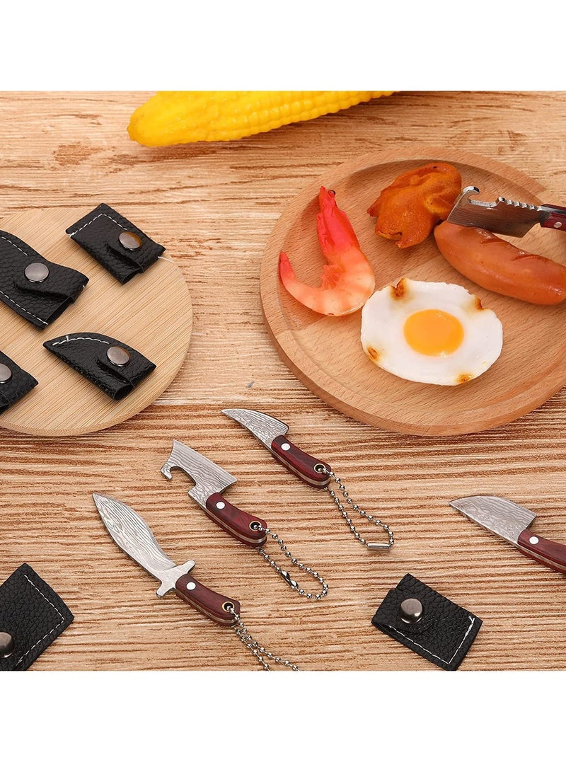 Mini Knifes, 8 Pcs Knife Keychain, Pocket Knife Set, Tiny Knife Key Chain, Wooden Handle Small Leather Sleeve Knife, Outdoor Portable Carry on Decorative Gift Package Unboxing Knife Letter Opener