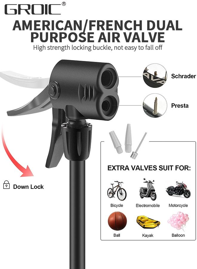 Bike Floor Pump,Portable Bicycle Foot Pump,Mini Air Pump with Presta and Schrader Valve,Hand Foot Activated Tire Inflator for Mountain&Road Bike Balls，Bicycle Tools