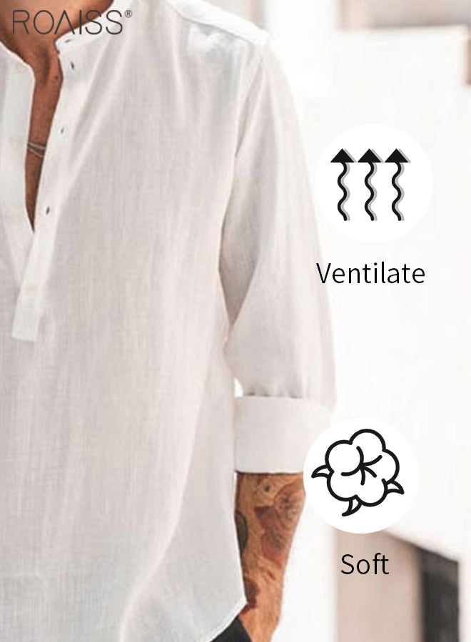 Mens Button Up Shirts Long Sleeve Linen Beach Casual Cotton Summer Lightweight Tops