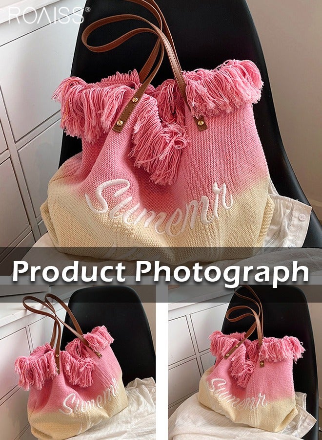 Women's Gradient Canvas Tote Bag Tassel Large Capacity Shoulder Bag Fashion Embroidery Versatile Handbag