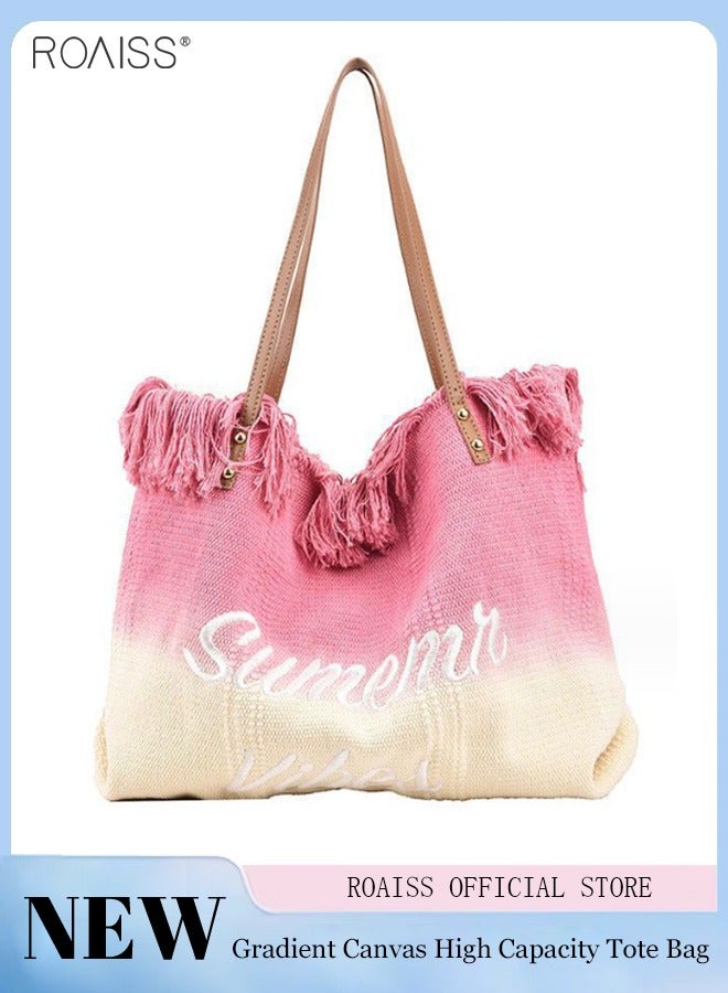 Women's Gradient Canvas Tote Bag Tassel Large Capacity Shoulder Bag Fashion Embroidery Versatile Handbag