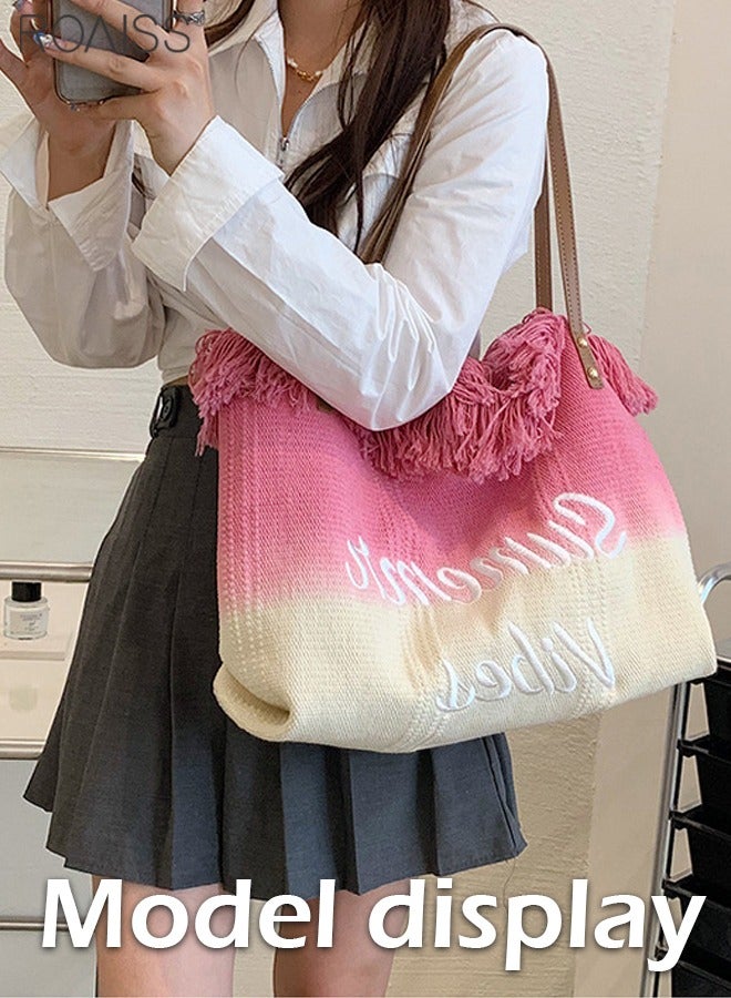 Women's Gradient Canvas Tote Bag Tassel Large Capacity Shoulder Bag Fashion Embroidery Versatile Handbag