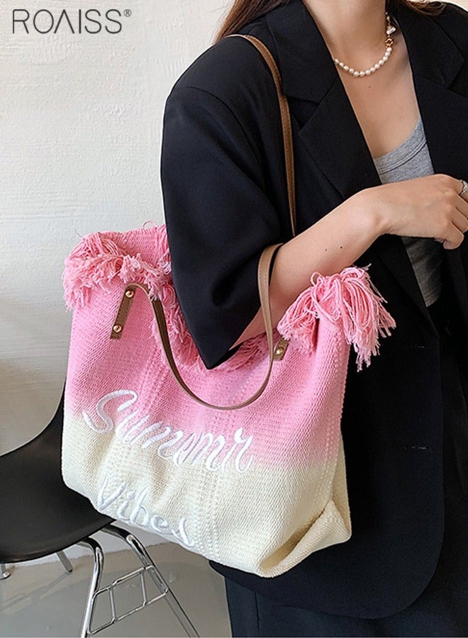 Women's Gradient Canvas Tote Bag Tassel Large Capacity Shoulder Bag Fashion Embroidery Versatile Handbag