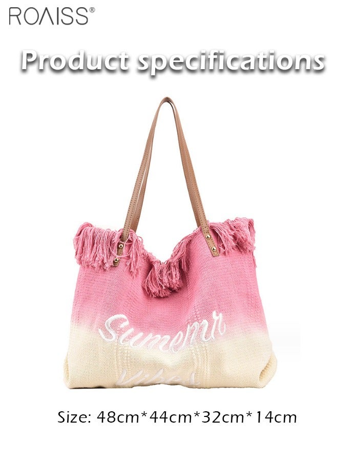 Women's Gradient Canvas Tote Bag Tassel Large Capacity Shoulder Bag Fashion Embroidery Versatile Handbag