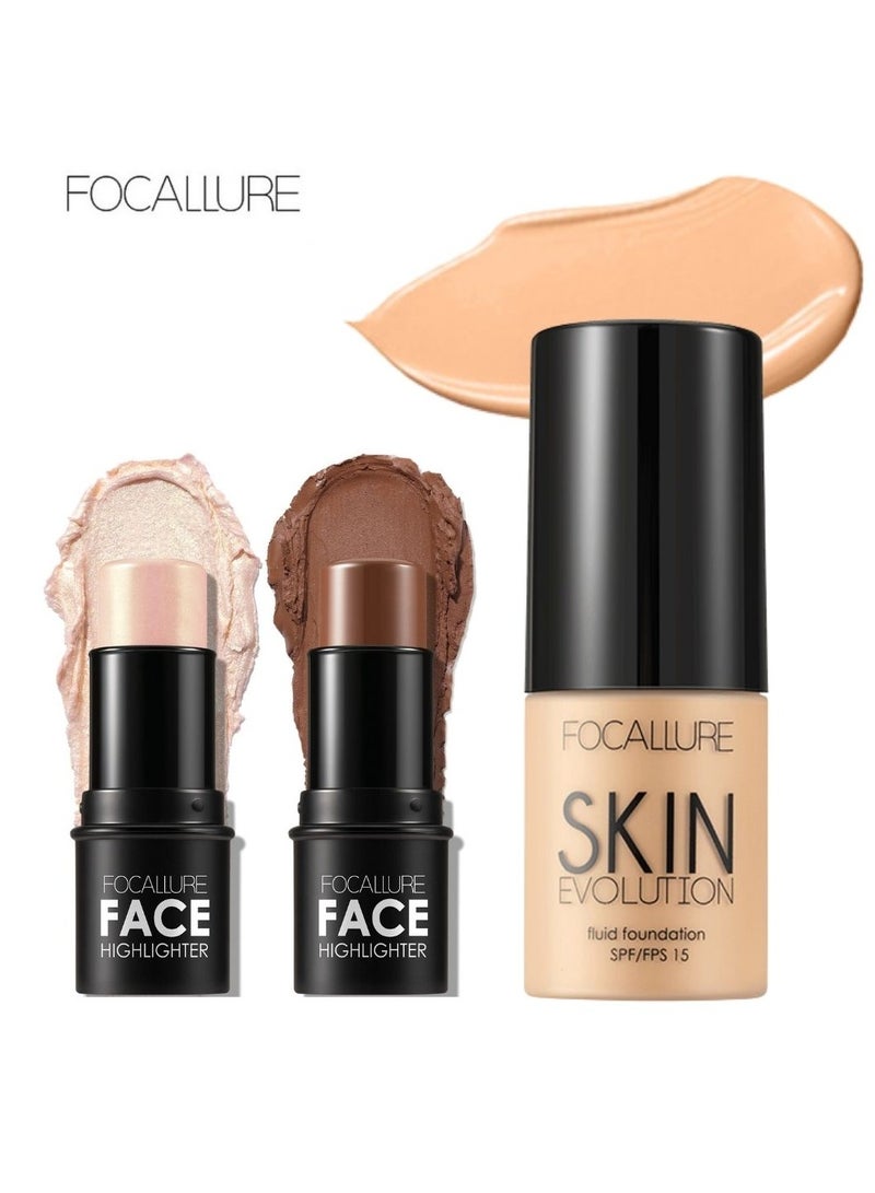 Set of Face Highlighter & Contour Stick + Skin Evolution Liquid Foundation -#4 Natural