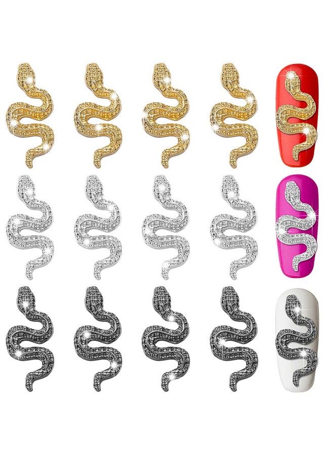 12 Pcs 3D Snake Nail Charms 3D Nail Charms With Rhinestones Alloy Snake Wave Crystal Rhinestones Nail Snake Art Metal Nail Jewelry Accessories Gold Silver Black Nail Charms For Nail Art Decoration Diy