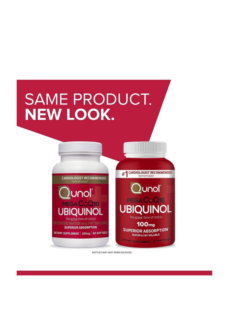 Ubiquinol CoQ10 100mg Softgels, Qunol Mega Ubiquinol 100mg - Superior Absorption - Active form of Coenzyme Q10 for Heart Health - 2 Month Supply - 60 Count