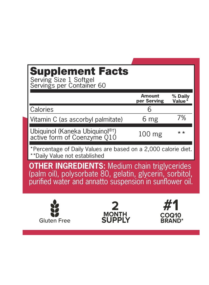 Ubiquinol CoQ10 100mg Softgels, Qunol Mega Ubiquinol 100mg - Superior Absorption - Active form of Coenzyme Q10 for Heart Health - 2 Month Supply - 60 Count