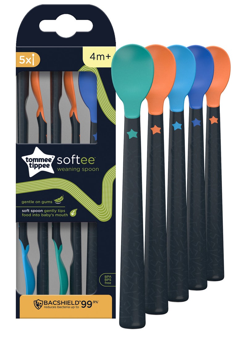 Softee Weaning Spoons 5-Pack - Soft Tips, Long Handles with BACSHIELD - BPA-Free Baby Feeding Spoons