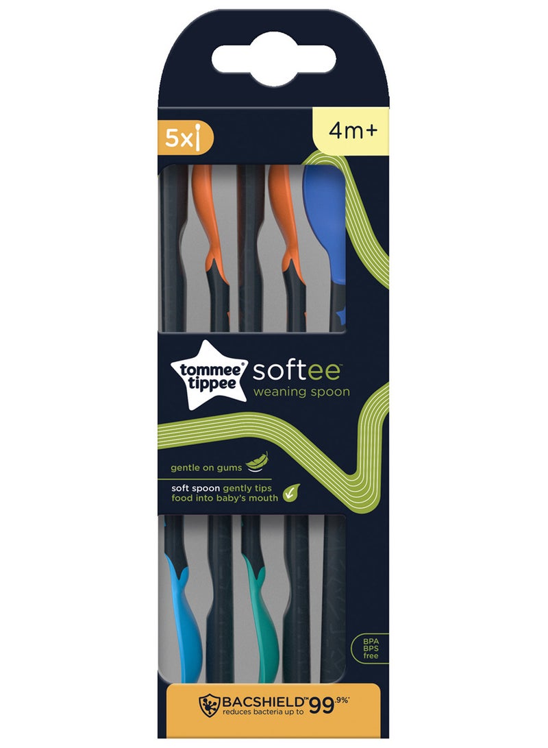 Softee Weaning Spoons 5-Pack - Soft Tips, Long Handles with BACSHIELD - BPA-Free Baby Feeding Spoons