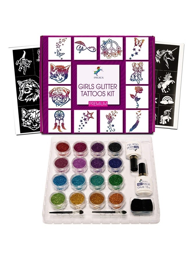 PREMIUM Temporary Glitter Tattoos Kit for Girls - 74 Premium Glitter Tattoos Stencils, 2 X 15ml Premium Body Glue, 16 X 5g Stunning Glitters for Girls, Teenage and Woman (For Girls)