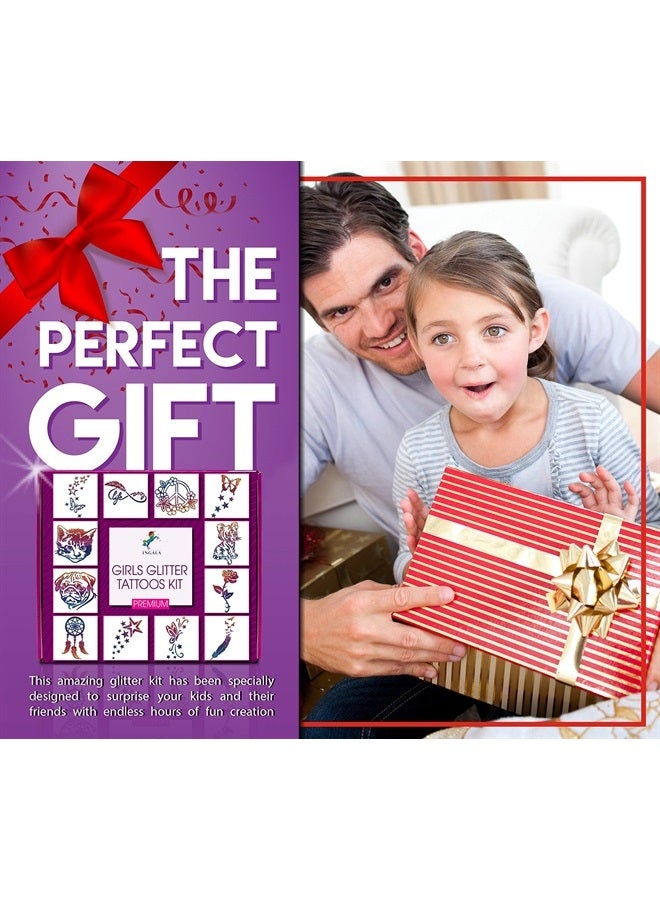 PREMIUM Temporary Glitter Tattoos Kit for Girls - 74 Premium Glitter Tattoos Stencils, 2 X 15ml Premium Body Glue, 16 X 5g Stunning Glitters for Girls, Teenage and Woman (For Girls)