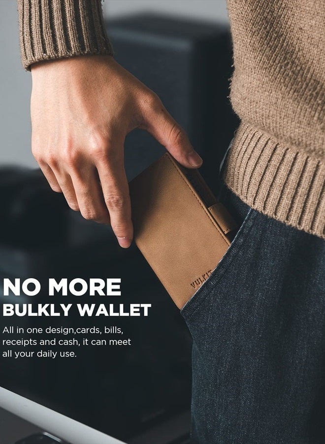 Card Holder Wallet with Airtag Holder & ID Window Pop Up Slim Leather Wallet RFID Blocking Magnetic Closure for Credit Cards and Cash Amber Brown