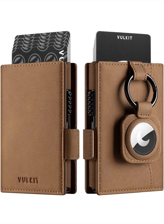 Card Holder Wallet with Airtag Holder & ID Window Pop Up Slim Leather Wallet RFID Blocking Magnetic Closure for Credit Cards and Cash Amber Brown