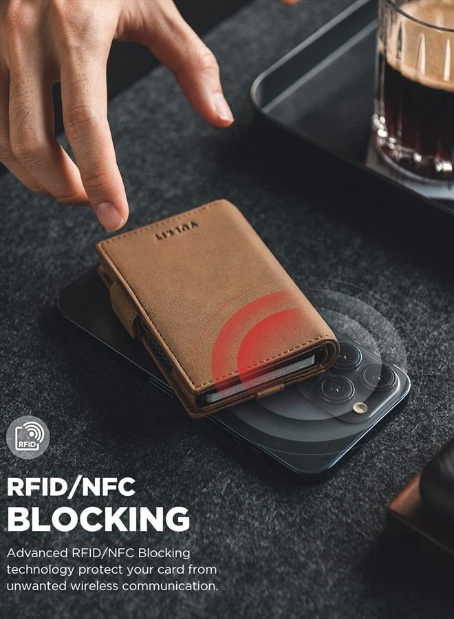 Card Holder Wallet with Airtag Holder & ID Window Pop Up Slim Leather Wallet RFID Blocking Magnetic Closure for Credit Cards and Cash Amber Brown