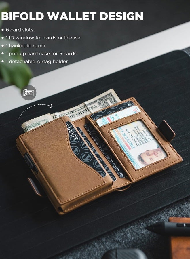 Card Holder Wallet with Airtag Holder & ID Window Pop Up Slim Leather Wallet RFID Blocking Magnetic Closure for Credit Cards and Cash Amber Brown