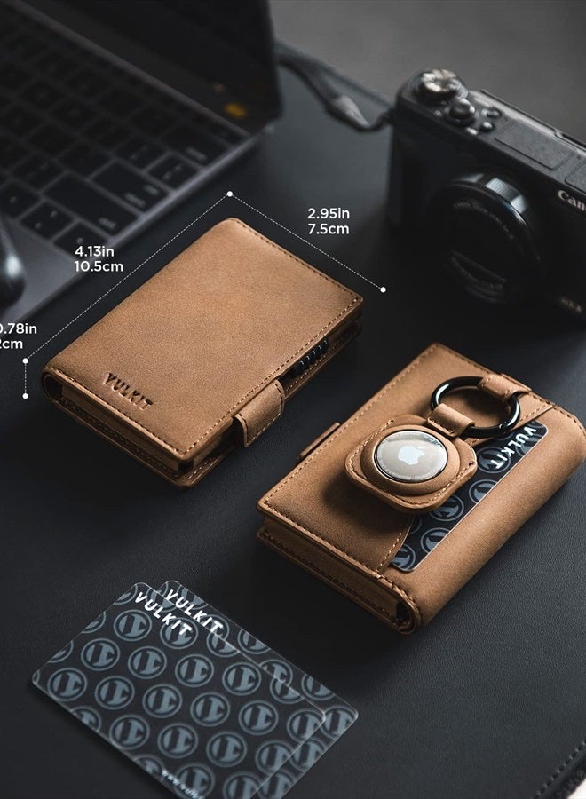Card Holder Wallet with Airtag Holder & ID Window Pop Up Slim Leather Wallet RFID Blocking Magnetic Closure for Credit Cards and Cash Amber Brown