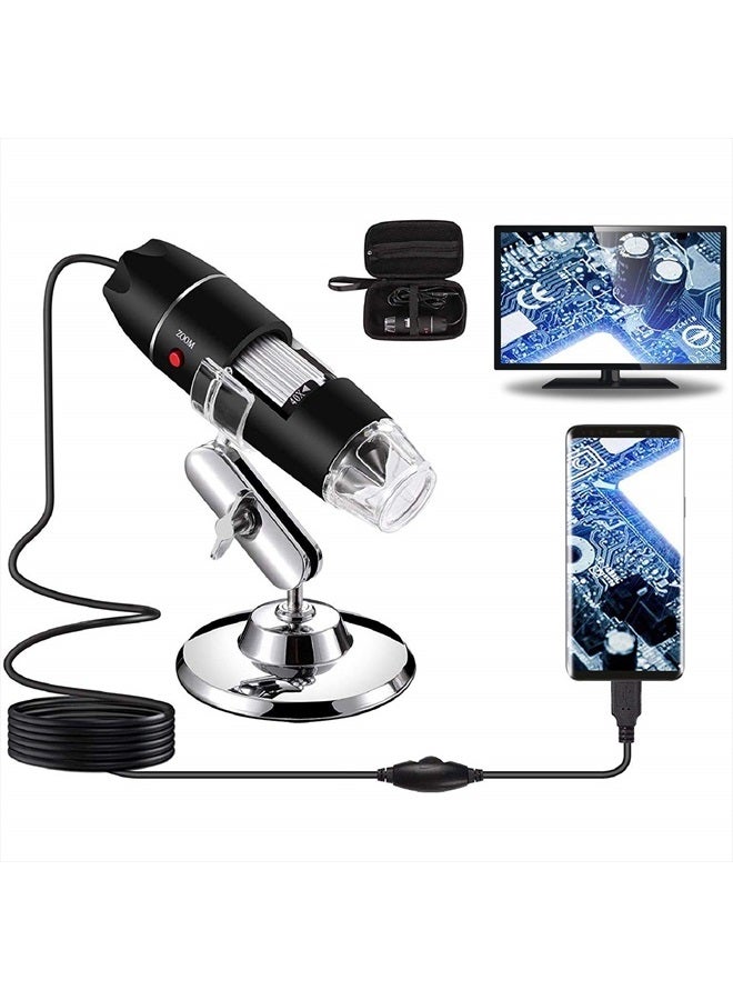 USB Digital Microscope 40X to 1000X, 8 LED Magnification Endoscope Camera with Carrying Case & Metal Stand, Compatible for Android Windows 7 8 10 11 Linux Mac