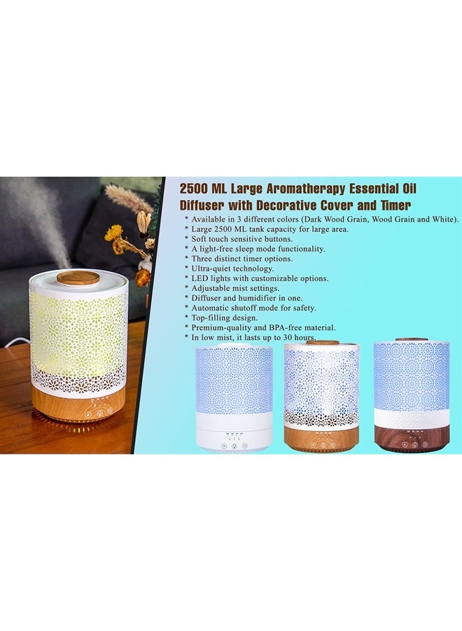 2500 ML XL Essential Oil Diffuser Aroma Humidifier with Timer for Large Home Decor Baby Rooms Big Huge 2.5 L Capacity Long Run Color Changing Lights Decorative Design High Mist White- F002