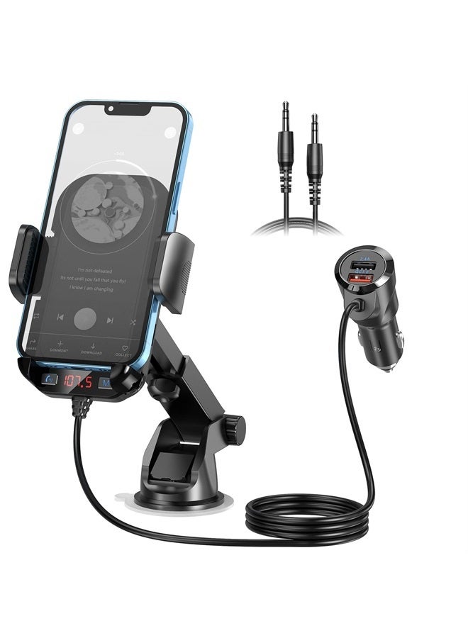 Bluetooth FM Transmitter for Car - 3 in 1 Bluetooth Car Adapter with Phone Holder Supports QC3.0 Charging,Stronger Microphone & Enhanced FM Transmission are Built in Car Bluetooth Adapter