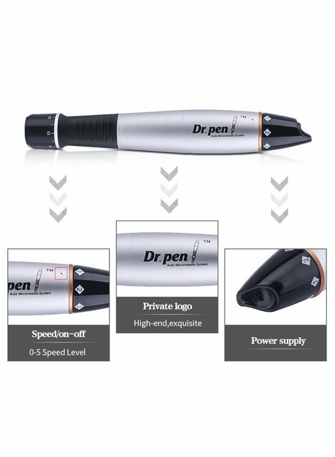 A1 Microneedle Doctor Pen, Black, With 2 Replacement Cartridges, For Skin Care, Anti-Aging And Acne Scars