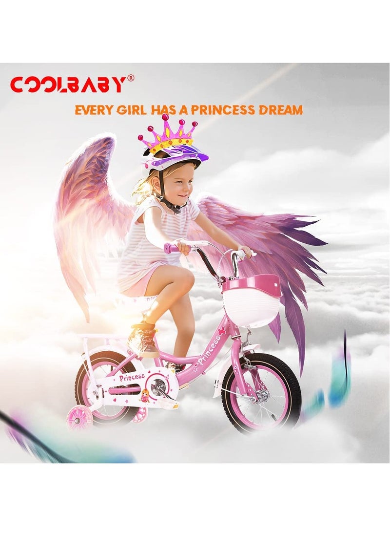 COOLBABY Kids Bike with Hand Brake and Basket for Ages 3-8 Years 12 Inch Princess Bikes Bicycles With backseat, Children Bicycle Purple