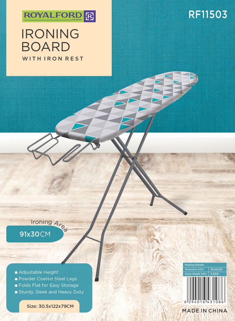 Royalford Ironing Board- RF11503| Powder Coated Steel Legs And Adjustable Height Mechanism| Foldable And Easy To Store| Non-Slip Legs And Iron Rest| Perfect For Home, Apartments, Hotels