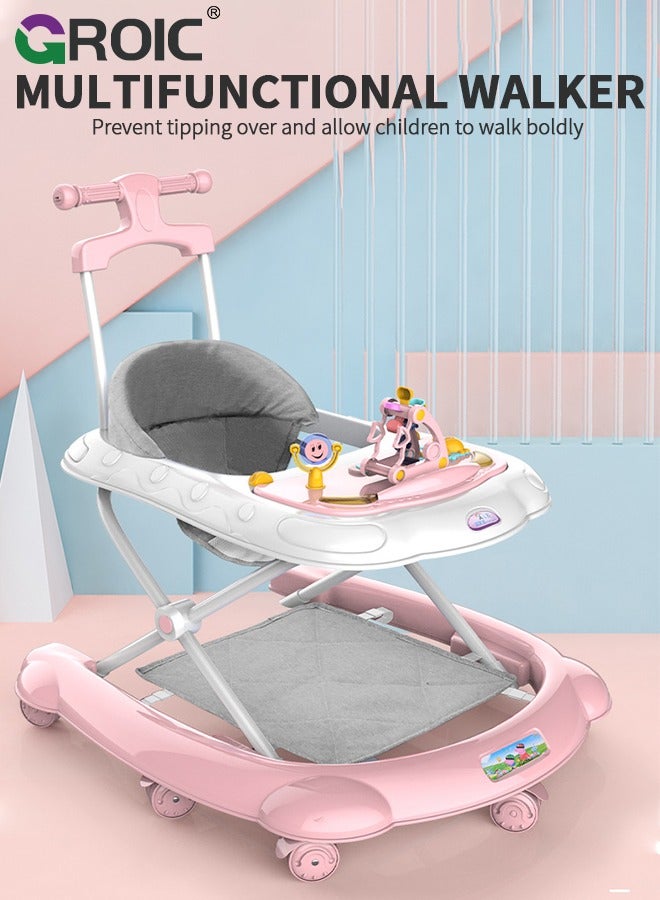 4 in 1 Baby Walker, Foldable, Discover & Play Musical Walker with Removable Footrest, Feeding Tray, 2 Mode Walk-Behind, Adjustable Height, High Back Padded Seat, Activity Walker with Toys