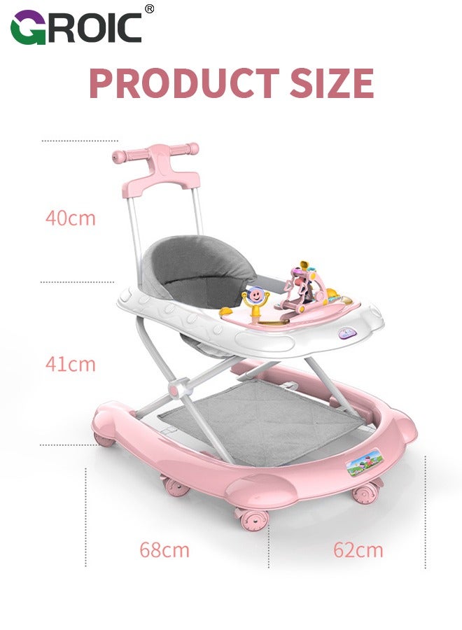 4 in 1 Baby Walker, Foldable, Discover & Play Musical Walker with Removable Footrest, Feeding Tray, 2 Mode Walk-Behind, Adjustable Height, High Back Padded Seat, Activity Walker with Toys