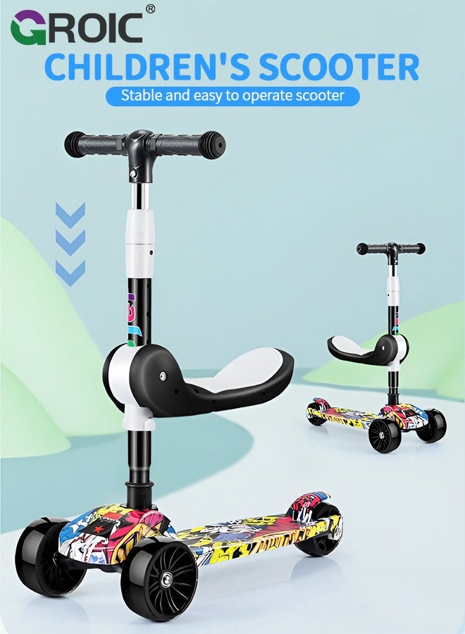 2-in-1 Kick Scooter 3 Wheel Toddler Scooter for Kids, Scooters with LED Light up Wheels and Music, Lean to Steer, Foldable, Adjustable Height & Removable Seat, Widened Non-Slip Deck