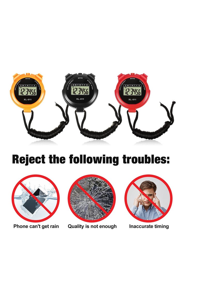 Sports Stopwatch Timer 3 Pieces, Multi-Function Sport Digital Stopwatch Large Display with Date Time and Alarm Function Shockproof Waterproof Sport Stopwatch for Swimming Running Sports Training