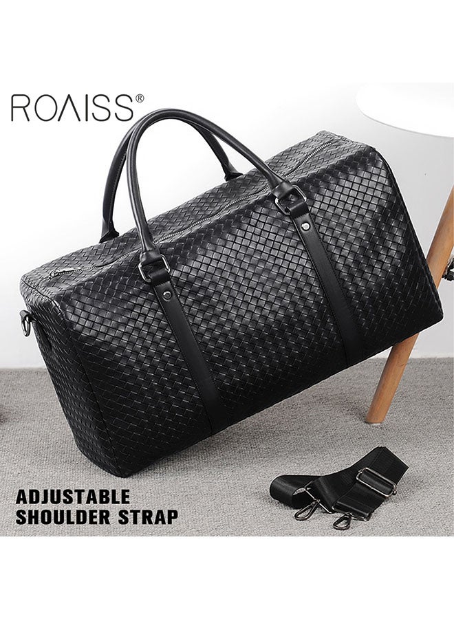 Men's Pu Leather Travel Handbag Large Capacity Woven Appearance Waterproof Shoulder Bag Detachable Shoulder Strap Sports And Fitness Bag