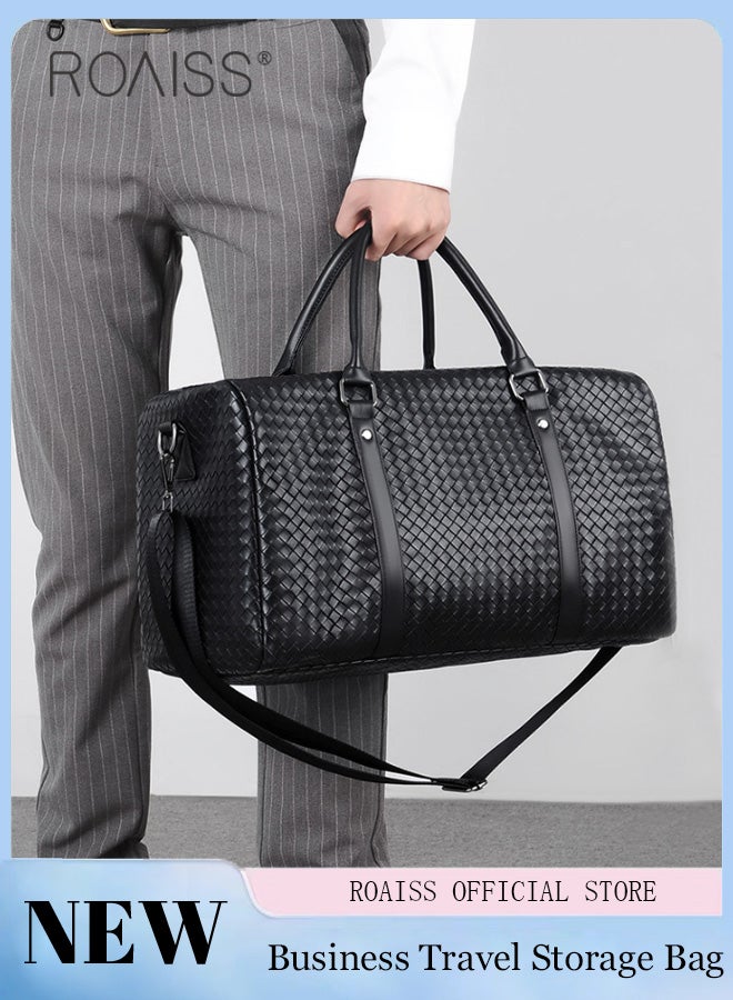 Men's Pu Leather Travel Handbag Large Capacity Woven Appearance Waterproof Shoulder Bag Detachable Shoulder Strap Sports And Fitness Bag