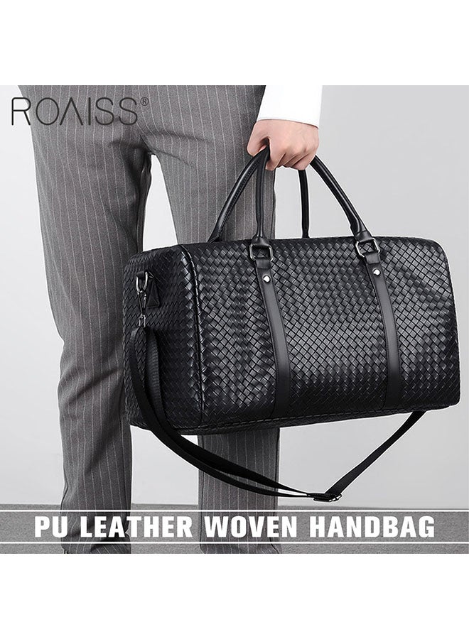 Men's Pu Leather Travel Handbag Large Capacity Woven Appearance Waterproof Shoulder Bag Detachable Shoulder Strap Sports And Fitness Bag