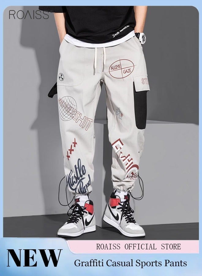 Men's Fashion Graffiti Sports Pants Street Trend Loose Ankle Tight Cargo Pants Relaxed Pants With Elastic Waist Drawstring Design