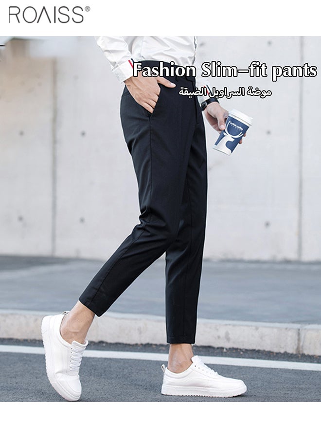 Men's Fashion Business Slim-Fit Pants Summer Slim And Versatile Cropped Pants Solid Color Micro Elastic Pencil Pants