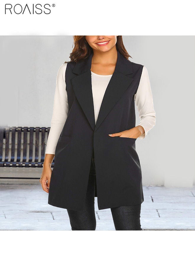 Women'S Fashion Casual Blazer Vest Classic Lapel Sleeveless Jacket Practical Pockets On Both Sides