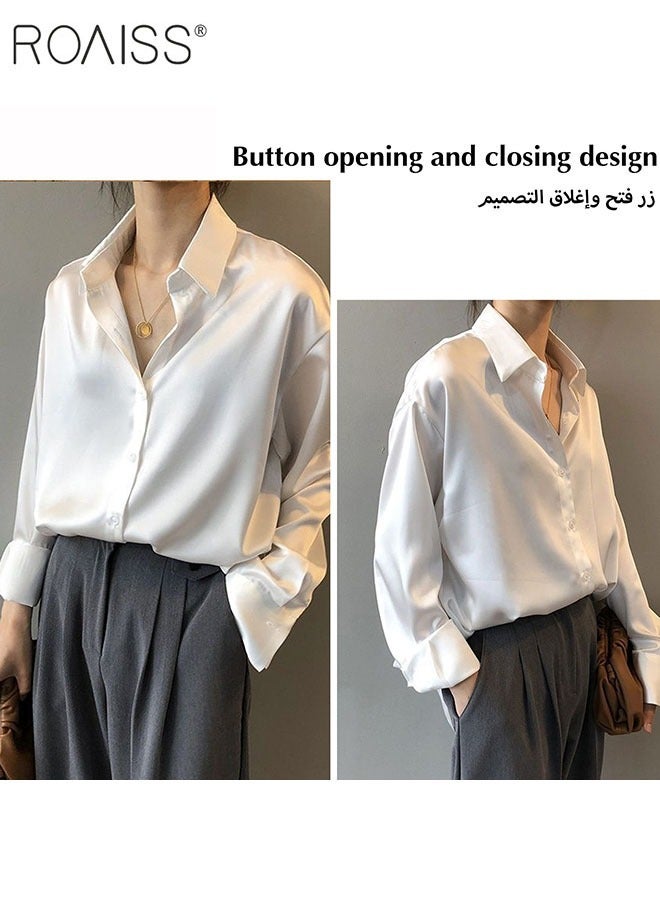 Women'S Satin Luminous Drape Shirt Casual Versatile Loose Top Classic Polo Collar Long Sleeved Shirt With Button Closure