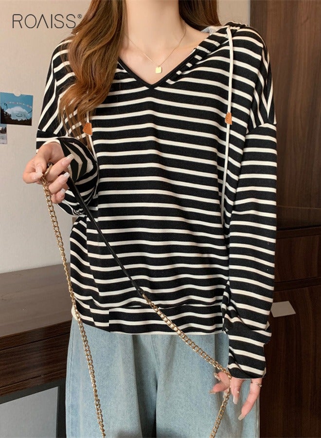 Women'S Casual Loose Hooded Pullover Classic Horizontal Stripe Hoodie Top With Short Front And Long Back