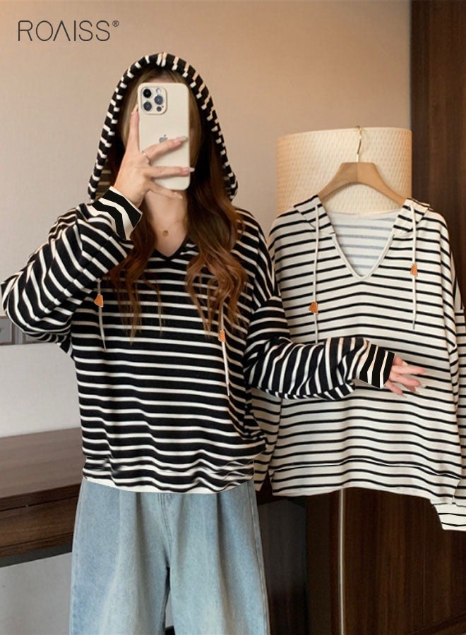 Women'S Casual Loose Hooded Pullover Classic Horizontal Stripe Hoodie Top With Short Front And Long Back