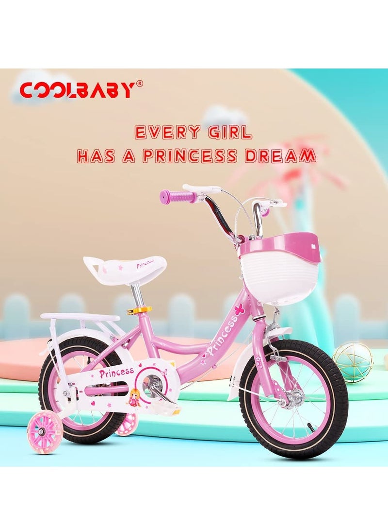 COOLBABY Kids Bike with Hand Brake and Basket for Ages 3-8 Years 16 Inch Princess Bikes Bicycles With Backseat