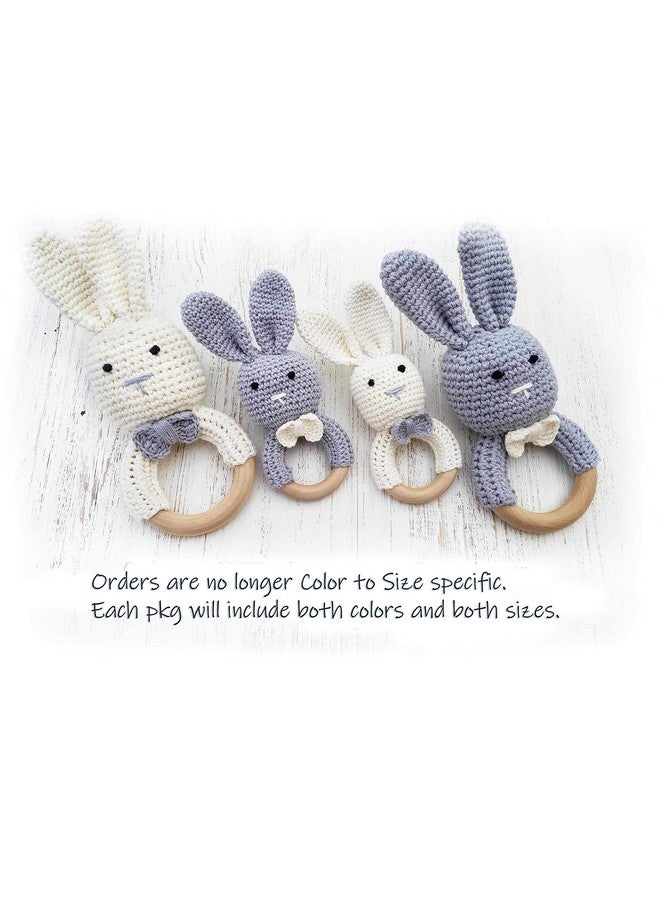 Natural Wooden Baby Toys Cotton Crochet Bunny Teething Ring Teether Rattle Set Of 2 Newborn Unisex Baby (Grey Mama White Baby)