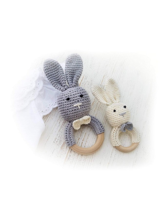 Natural Wooden Baby Toys Cotton Crochet Bunny Teething Ring Teether Rattle Set Of 2 Newborn Unisex Baby (Grey Mama White Baby)