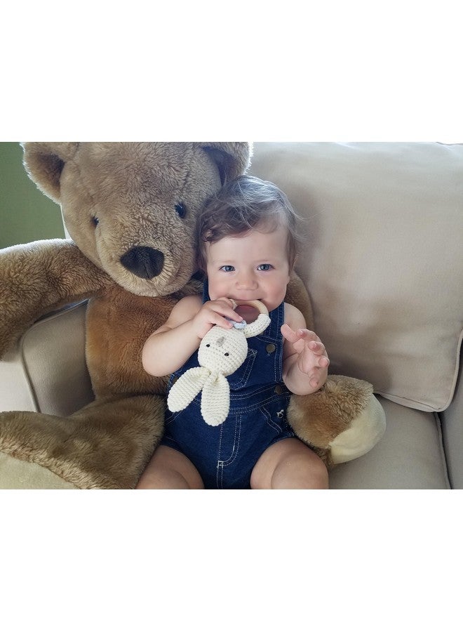 Natural Wooden Baby Toys Cotton Crochet Bunny Teething Ring Teether Rattle Set Of 2 Newborn Unisex Baby (Grey Mama White Baby)