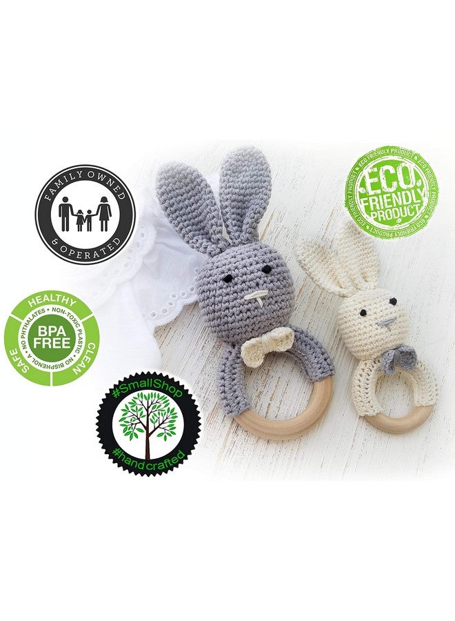 Natural Wooden Baby Toys Cotton Crochet Bunny Teething Ring Teether Rattle Set Of 2 Newborn Unisex Baby (Grey Mama White Baby)